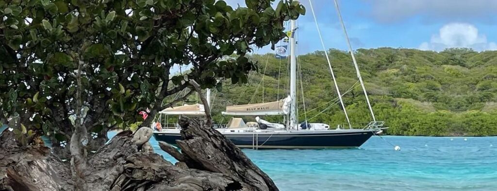 Sailboat named Blue Magic anchored near a rocky shoreline with turquoise water and green mangroves in a tropical setting